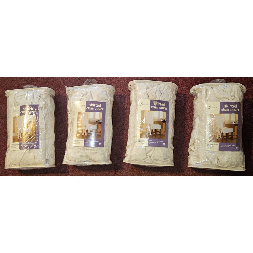 BUNDLE OF 4 SureFit Off White Brocade Cotton Duck SHORT Dining Chair Slipcovers
